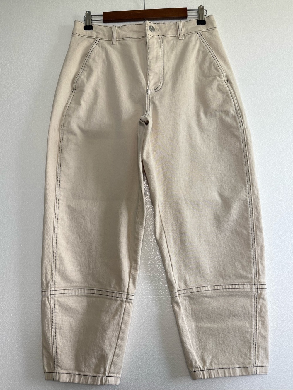 Everlane Barrel Leg Utility Jean Pants High Rise Cream Black Stitching Size 8R